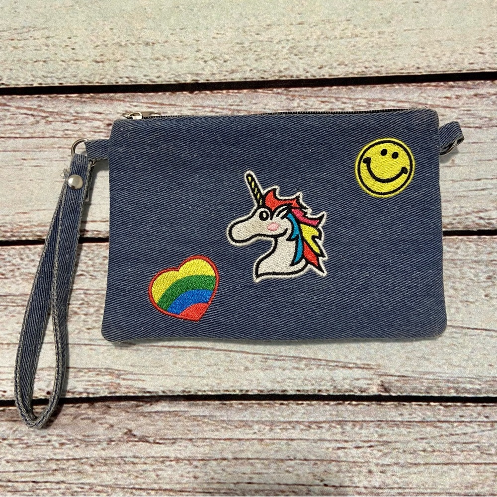 Denim Wristlet Unicorn Smiley Face Rainbow Heart Purse Fast Forward New York